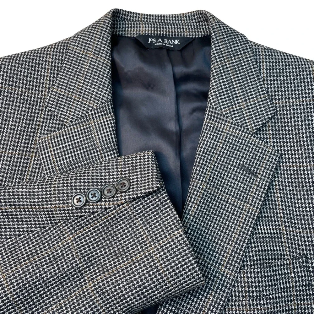 Jos. A. Bank Mens 40R Silk Wool Houndstooth‎ Blazer Sport Coat Black White Brown
